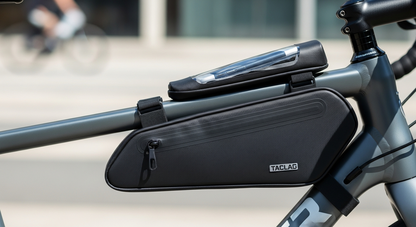 ROCKBROS waterproof top tube bag mounted on bicycle frame with phone visible through clear window