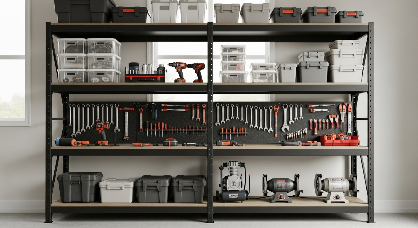 REIBII heavy-duty 5-tier metal garage shelving unit with adjustable shelves and zinc coating