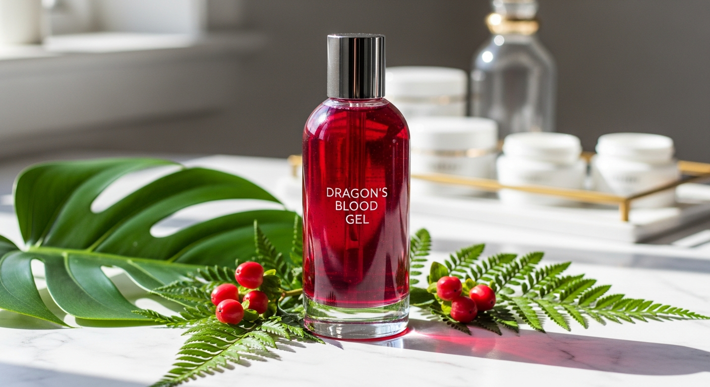 Rodial Dragon's Blood Sculpting Gel bottle on marble surface with botanical ingredients