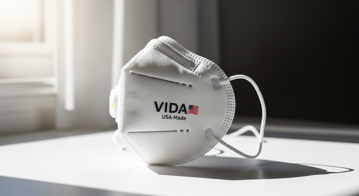 VIDA Adult KN95 High-Filtration Face Mask in black, blush, and grey color options displayed with product packaging
