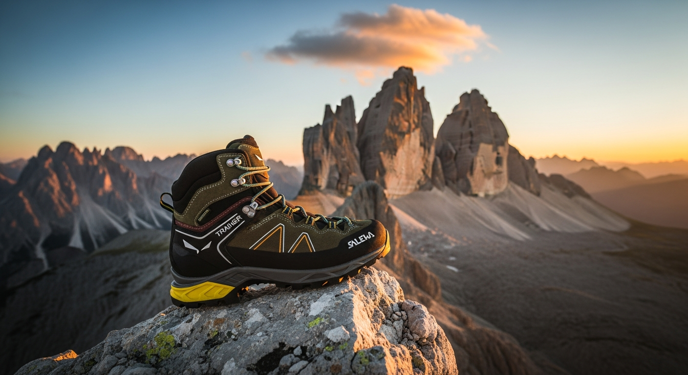Salewa Mountain Trainer 2 Mid GTX hiking boot displayed on rocky alpine terrain with metal via ferrata rungs