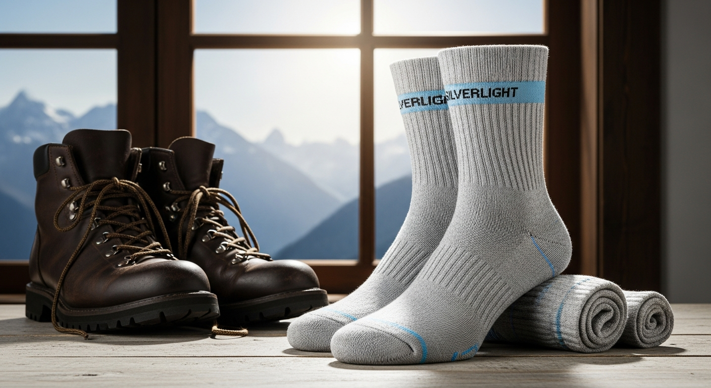 Silverlight Hiking Socks with Merino wool and silver fiber technology displayed on rocky mountain trail