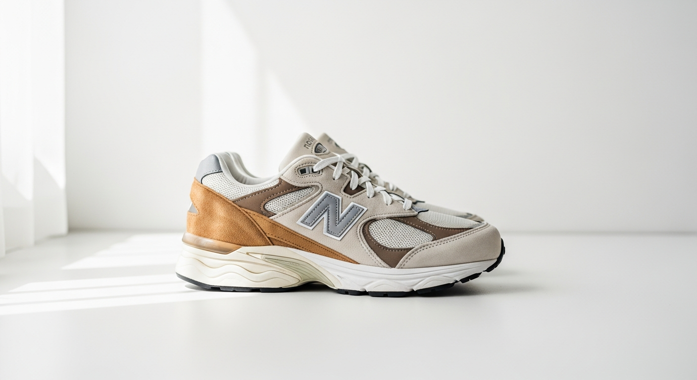 New Balance 9060 Mushroom Ecru sneaker styled with casual outfit on concrete background