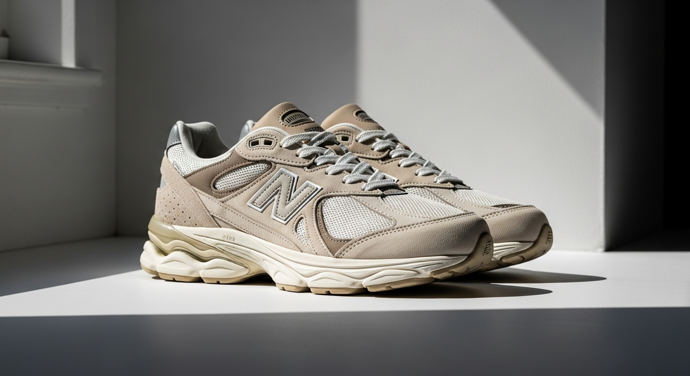 New Balance 9060 Mushroom Ecru earth-tone sneaker styled with neutral clothing pieces