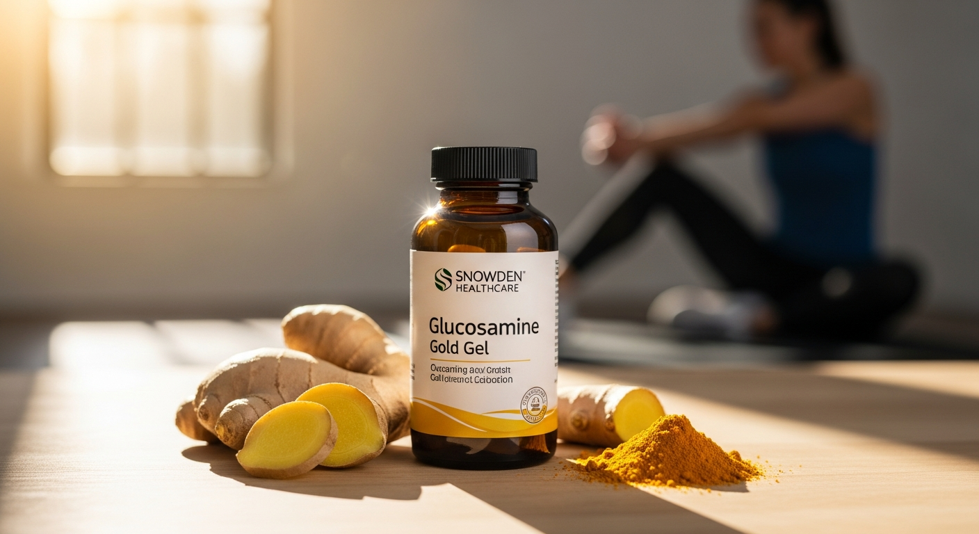 Glucosamine Gold Joint Massage Gel tube displayed with natural botanical ingredients