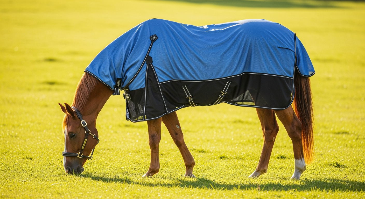 Rambo Flybuster Vamoose Horse Fly Sheet displayed on chestnut horse in pasture