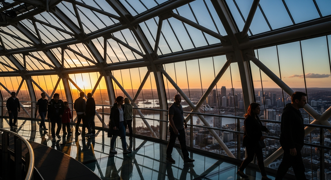 Person in harness standing on glass platform 268 meters above Sydney skyline