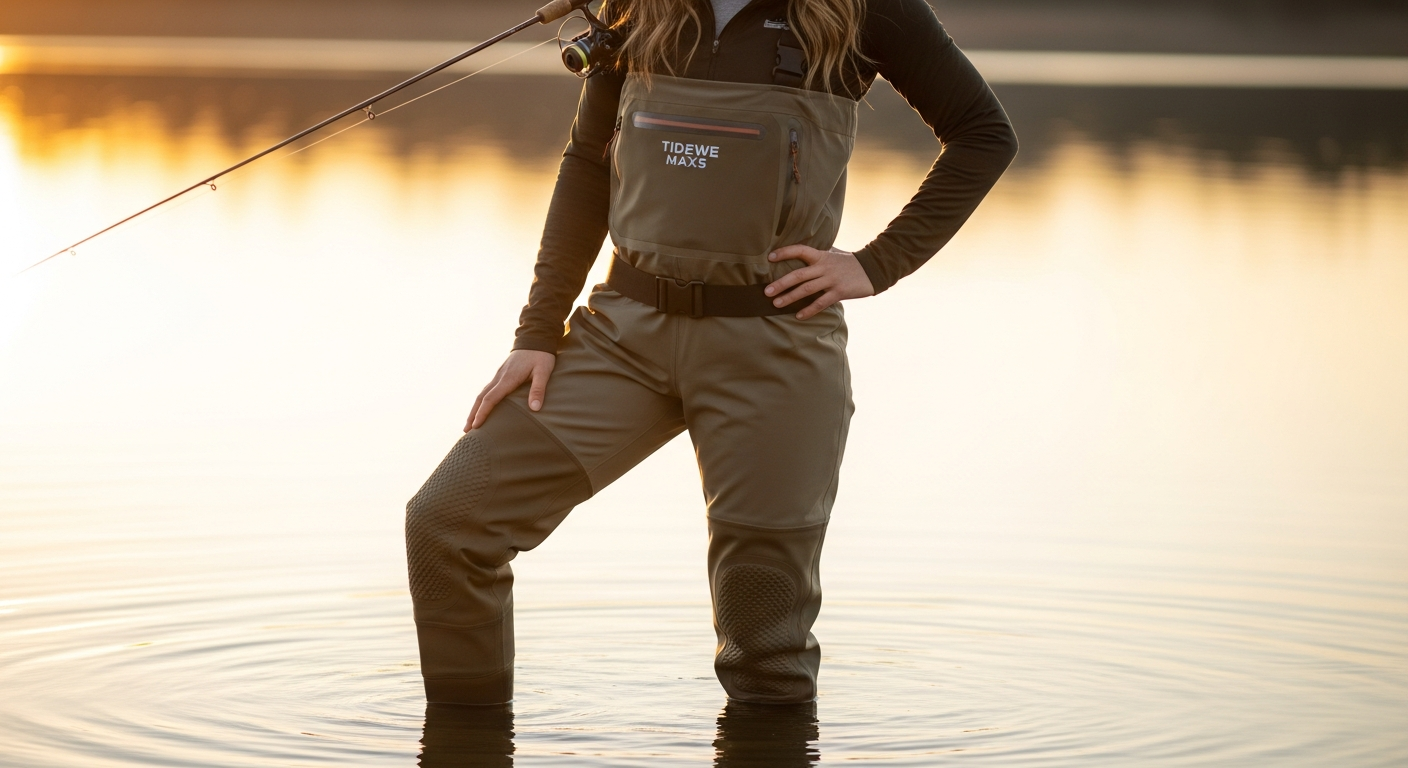 Woman hunter in camouflage waders standing in marsh water during waterfowl season