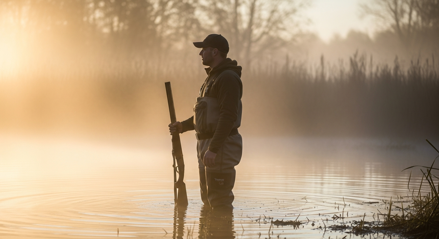 Tidewe DeepWade Breathable Waterfowl Waders displayed with hunting gear in cold water environment