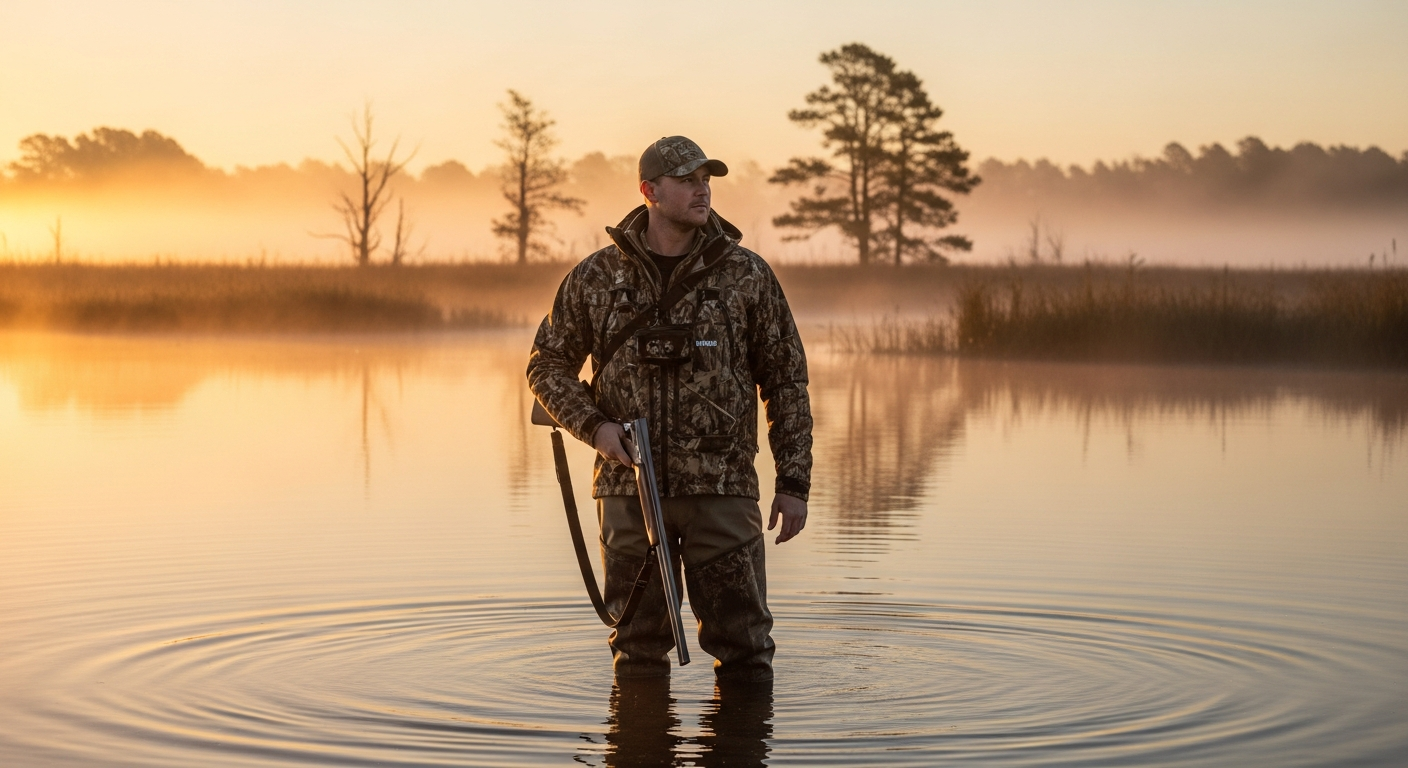 Tidewe insulated breathable hunting waders displayed in marsh water environment