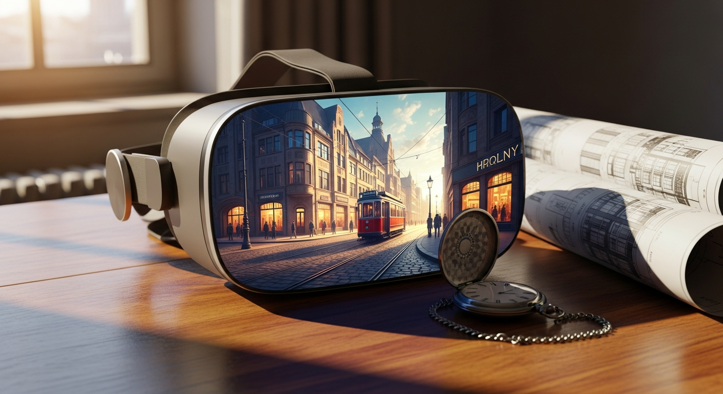 Immersive VR headset experience showing 1926 Cologne street scene with period architecture