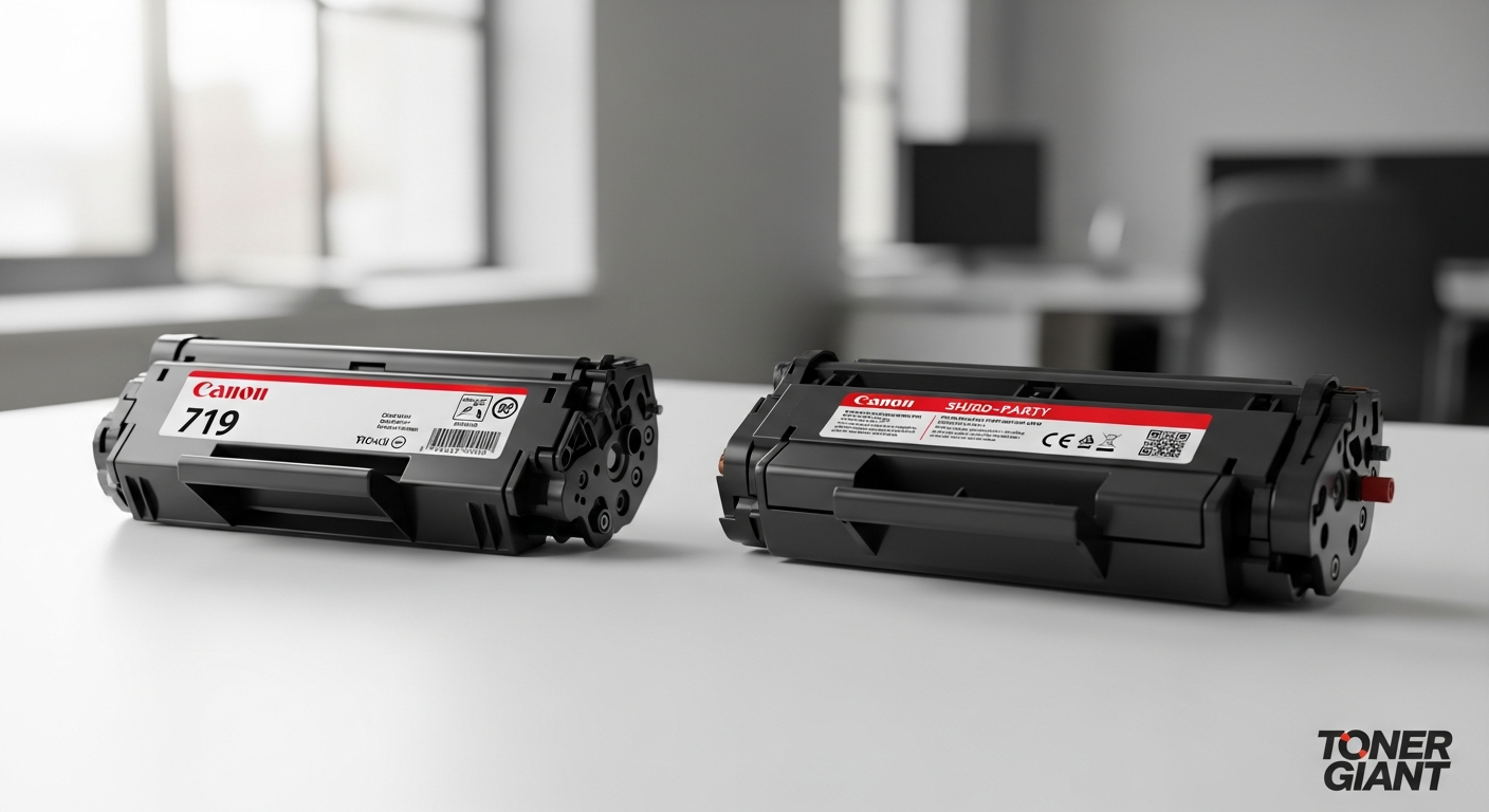 Canon 719 black toner cartridge next to Canon i-SENSYS laser printer