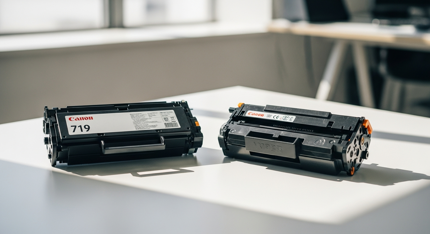 Canon 719 black toner cartridge next to Canon i-SENSYS laser printer on office desk