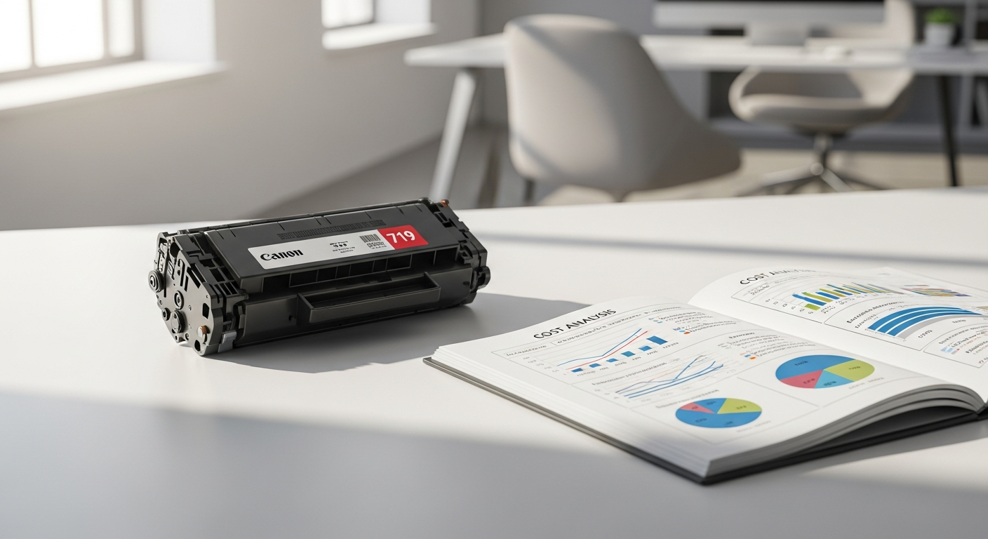 Canon 719 black laser toner cartridge next to Canon i-SENSYS printer