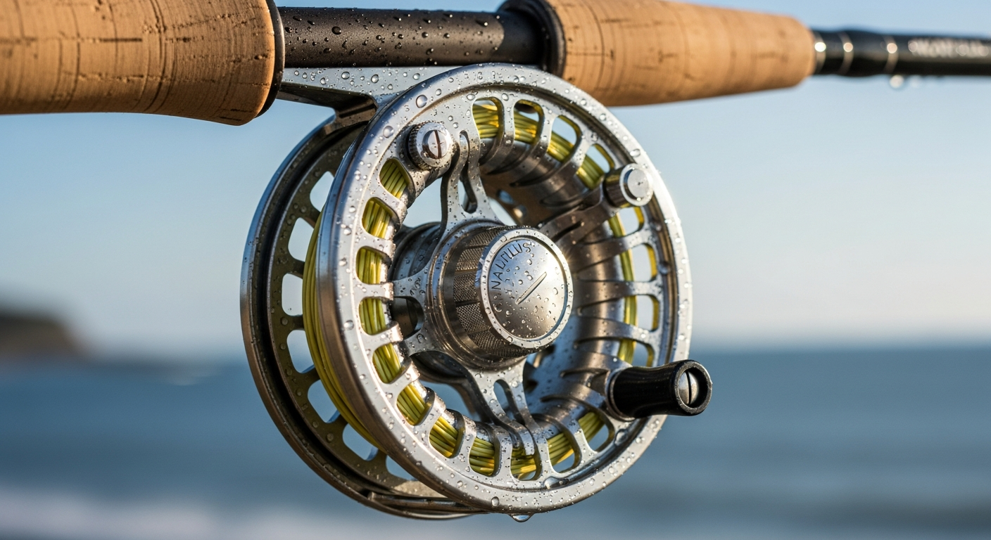 Nautilus CCF-X2 saltwater fly reel with dual-action drag system displayed on fishing boat