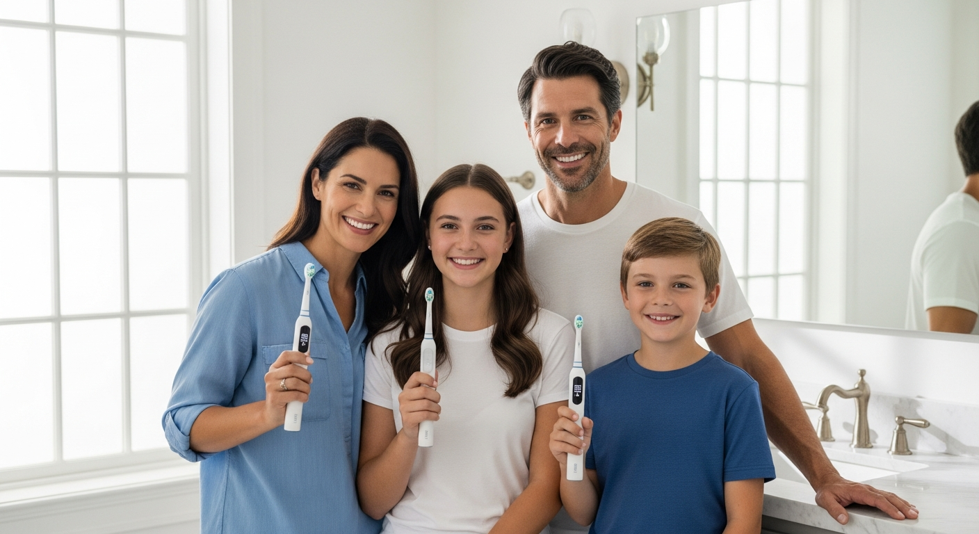 Truthbrush Pro Tracker Smart Oral Care System displayed with smartphone app interface showing family brushing data dashboard
