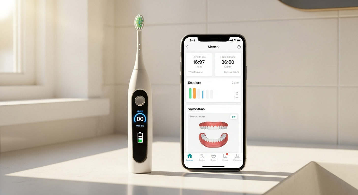 Truthbrush Smart Toothbrush Tracker device clipped onto electric toothbrush with mobile app
