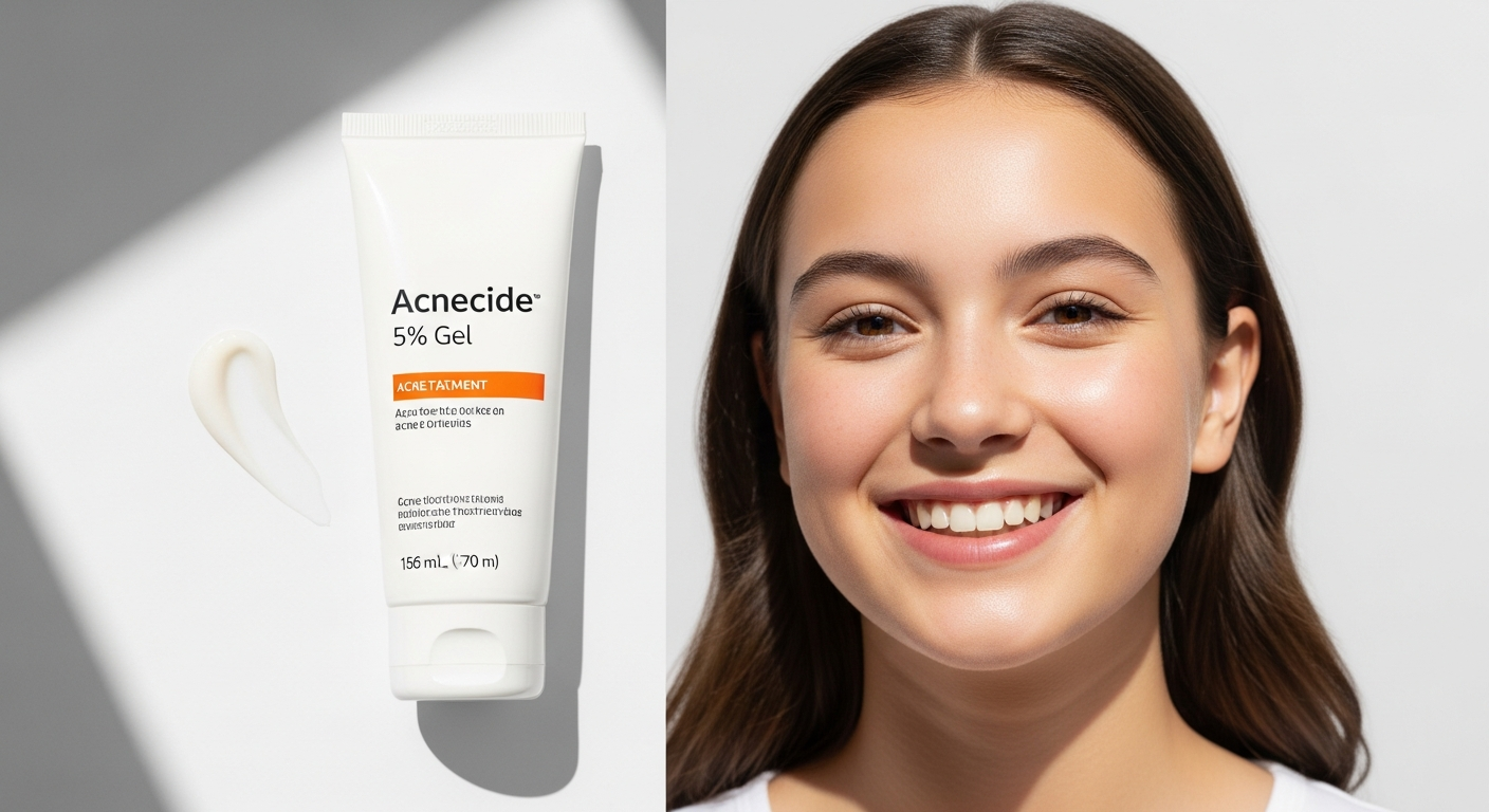 Acnecide 5% Benzoyl Peroxide Acne Gel tube displayed with clear skin background