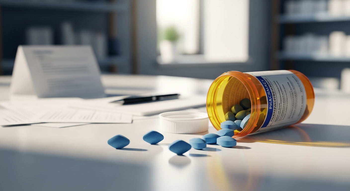 Man holding sildenafil tablet bottle with water glass background