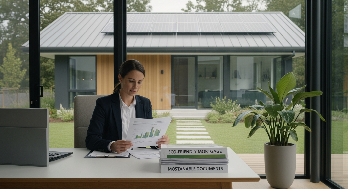 Green home financing concept with energy-efficient house and Unicaja Banco branding
