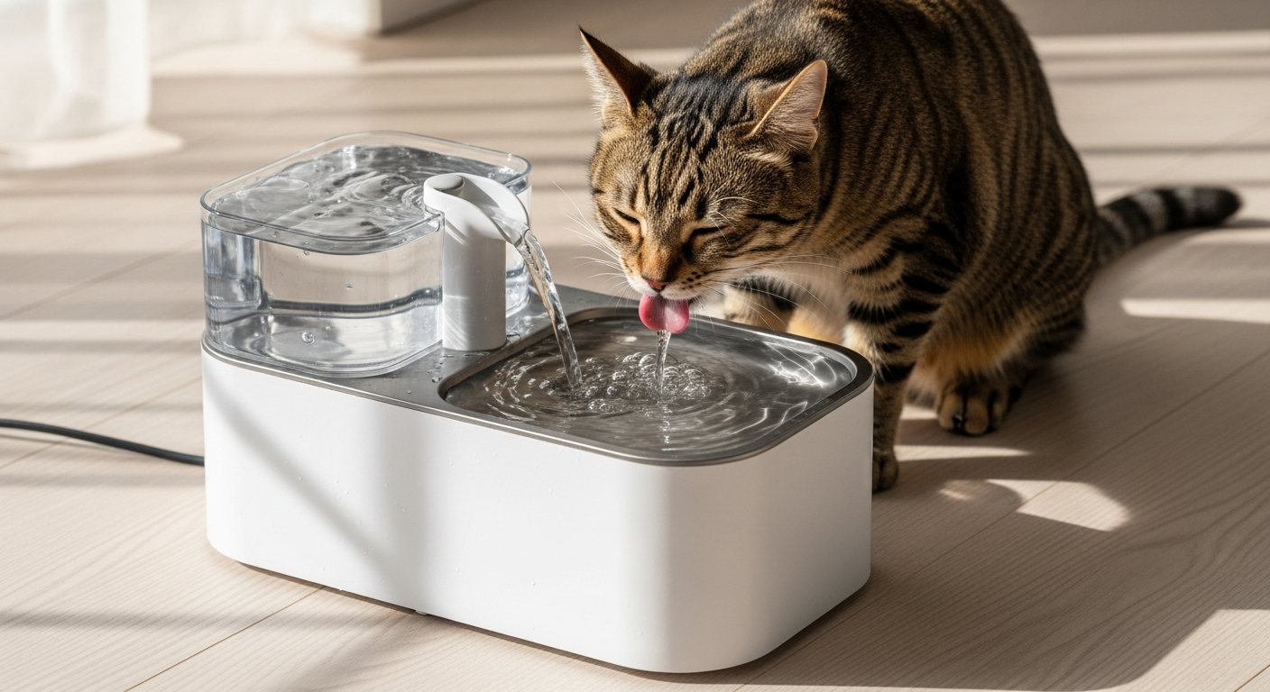 Stainless steel cat water fountain with blue LED indicator and flower attachment