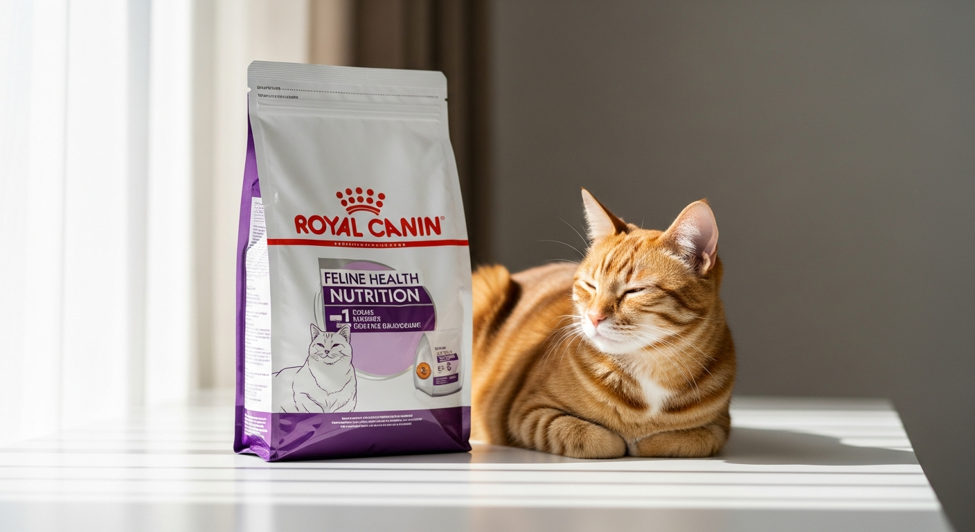 Royal Canin Feline Health Nutrition dry cat food bag with indoor cat grooming