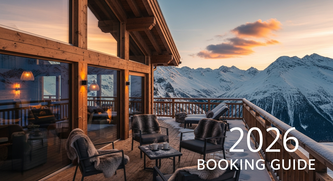 Luxury mountain chalet with snow-covered peaks and cozy fireplace ambiance
