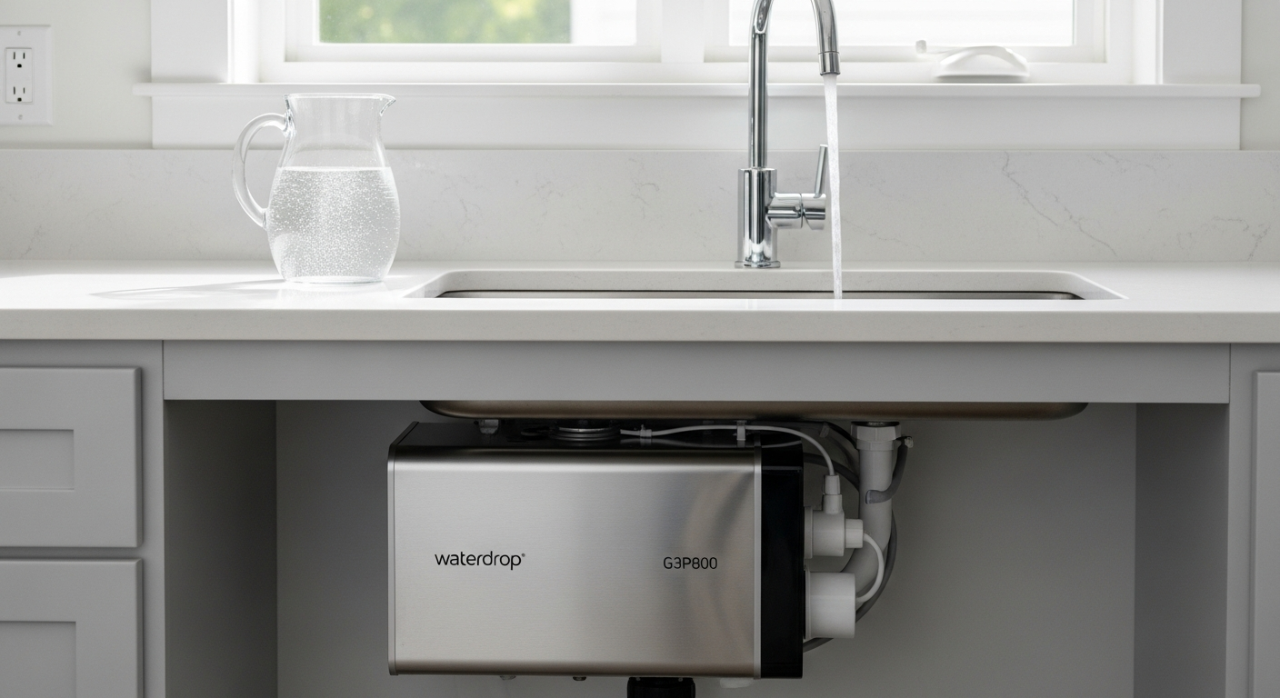 Waterdrop G3P800 tankless reverse osmosis system installed under kitchen sink