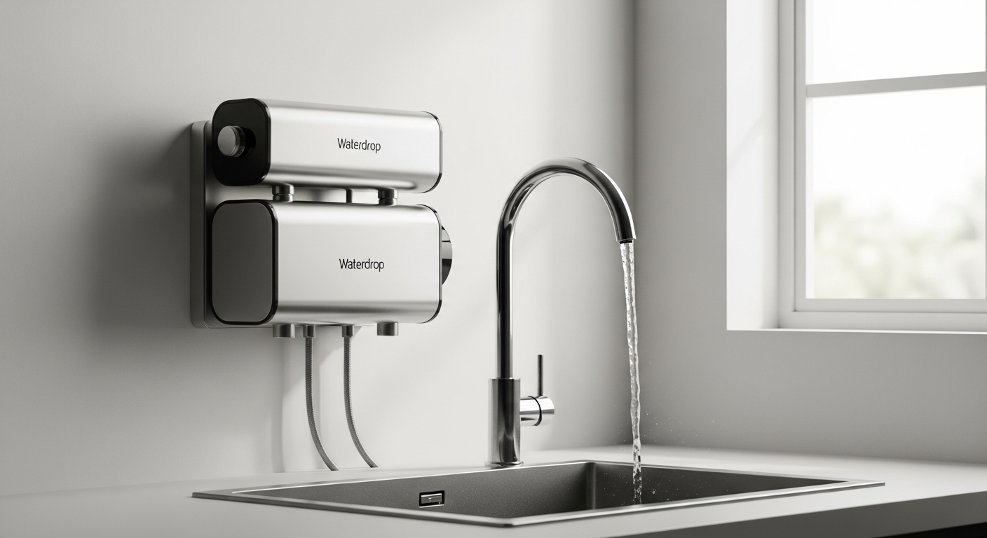 Waterdrop G3P800 tankless RO system installed under kitchen sink with smart faucet display