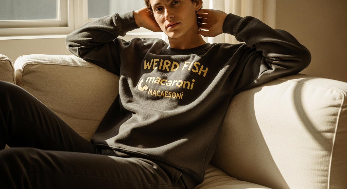 Weird Fish Macaroni Sweatshirt in neutral color showing triple-twist fabric texture and construction details