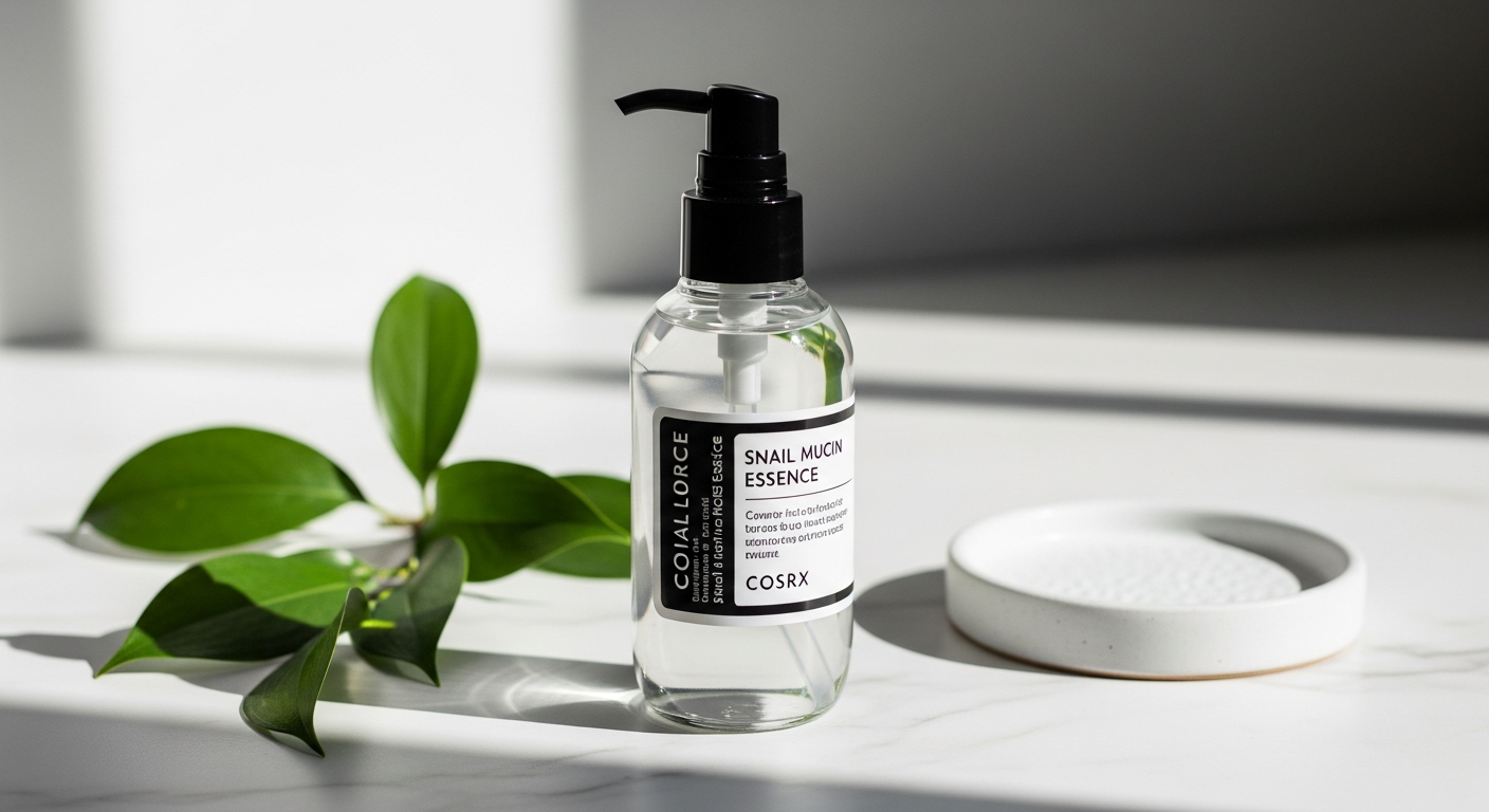 COSRX Snail Mucin Power Essence bottle displayed on clean white background with fresh snail