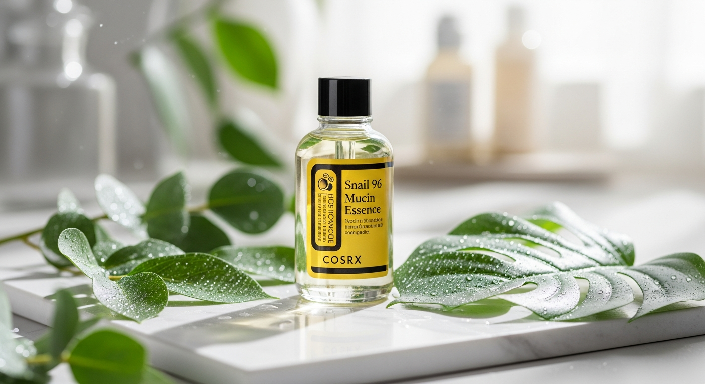 COSRX Advanced Snail 96 Mucin Essence bottle with snail and hydration droplets
