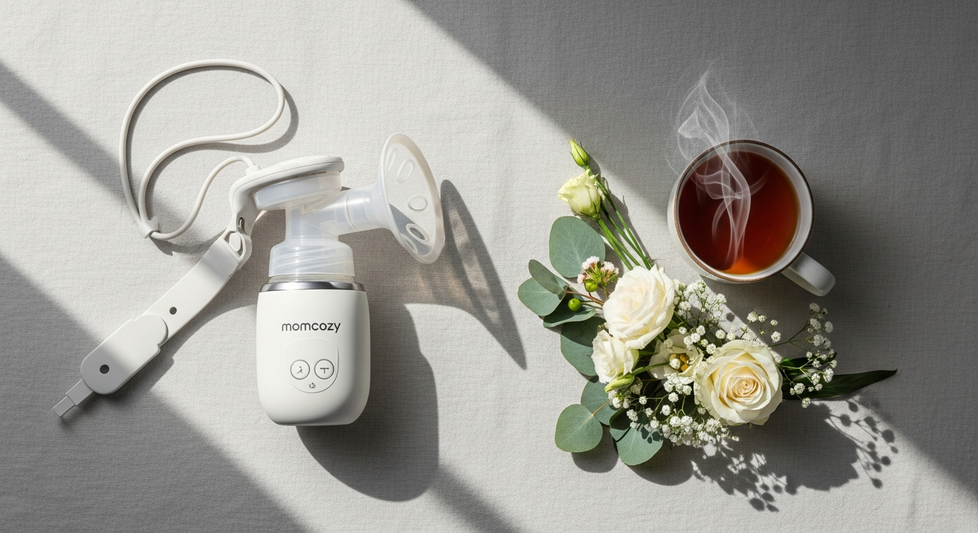 Momcozy S12 Pro wearable breast pump displayed with battery indicator and collection cup