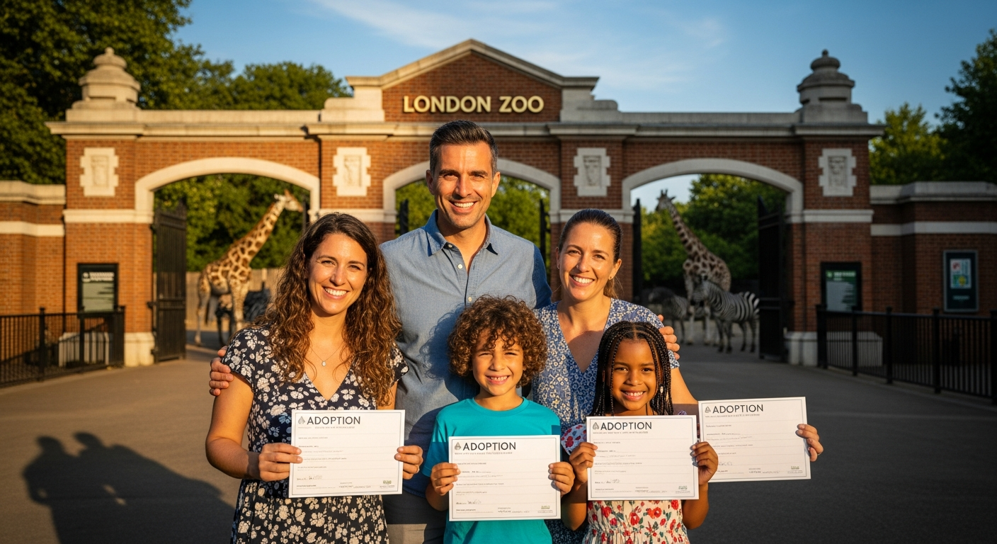 London Zoo animal adoption package with certificate, soft toy, and conservation materials displayed together