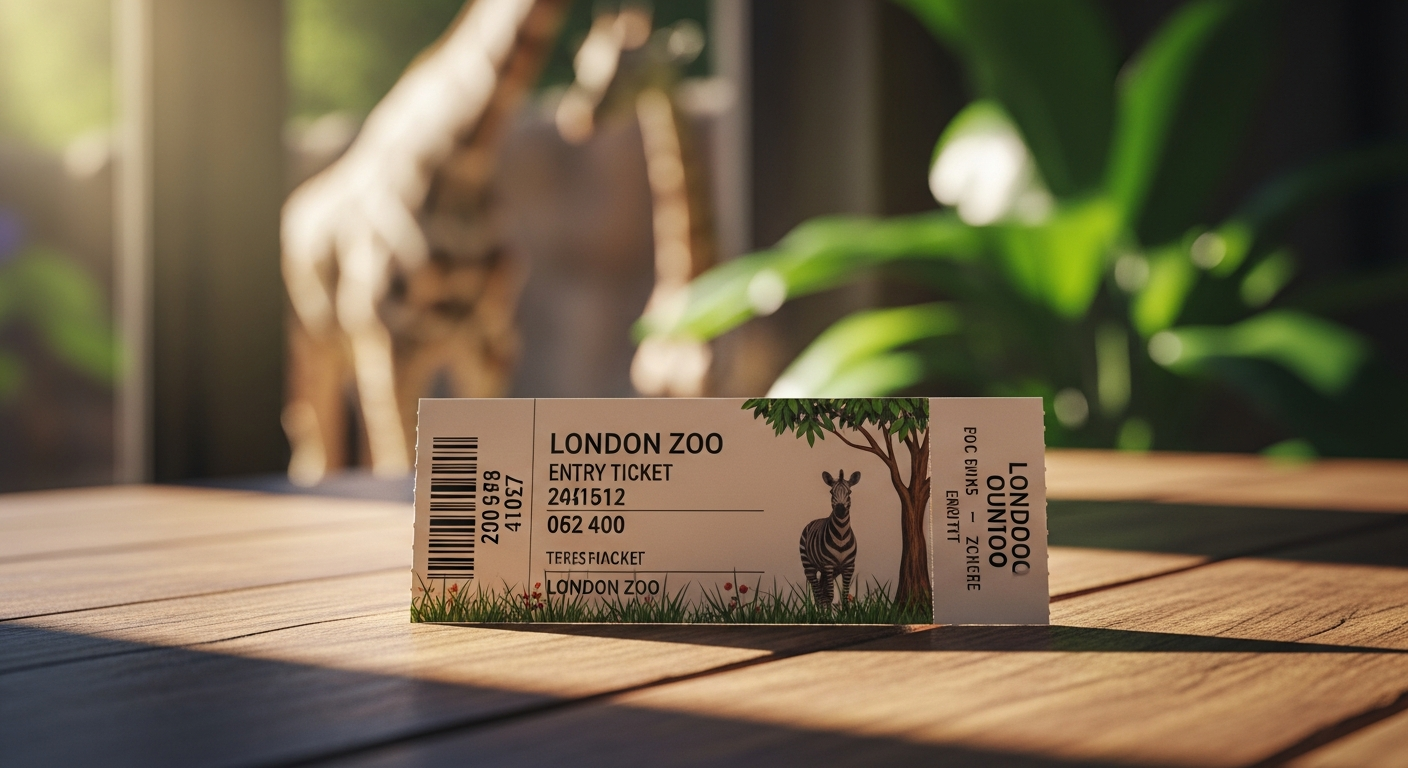 London Zoo entry ticket with colorful animal exhibits and 750 species across 36 acres