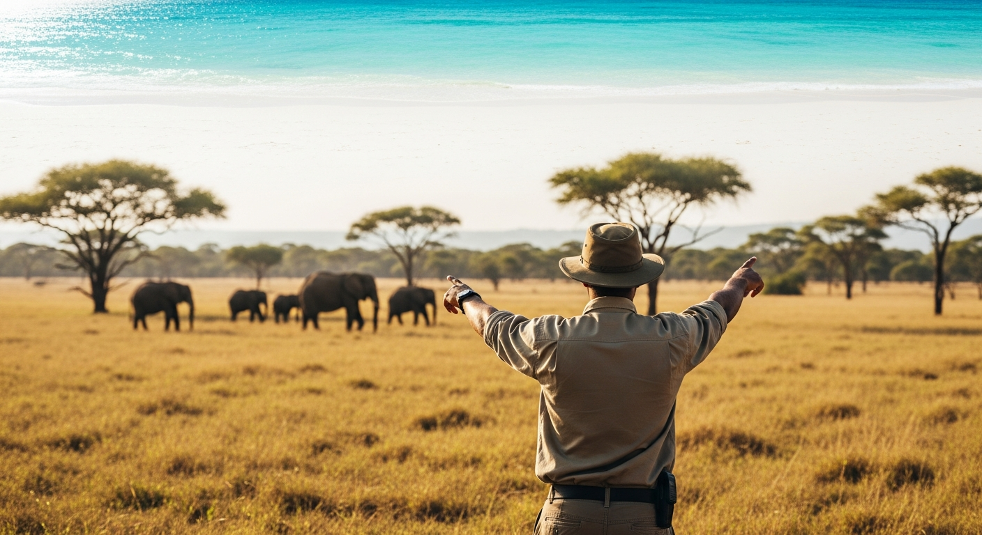 Safari vehicle with pop-up roof viewing wildlife in Kenya savanna landscape