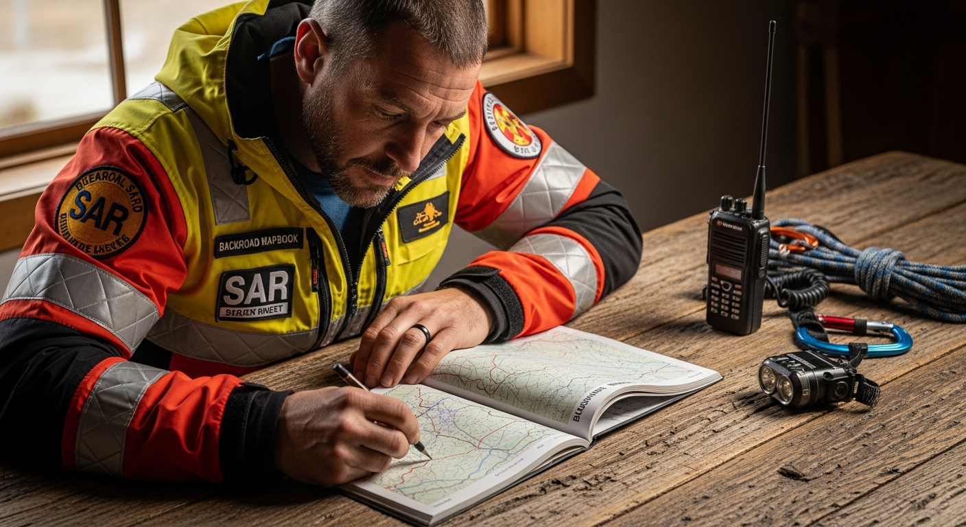 Search and rescue team studying detailed printed topographic map in wilderness