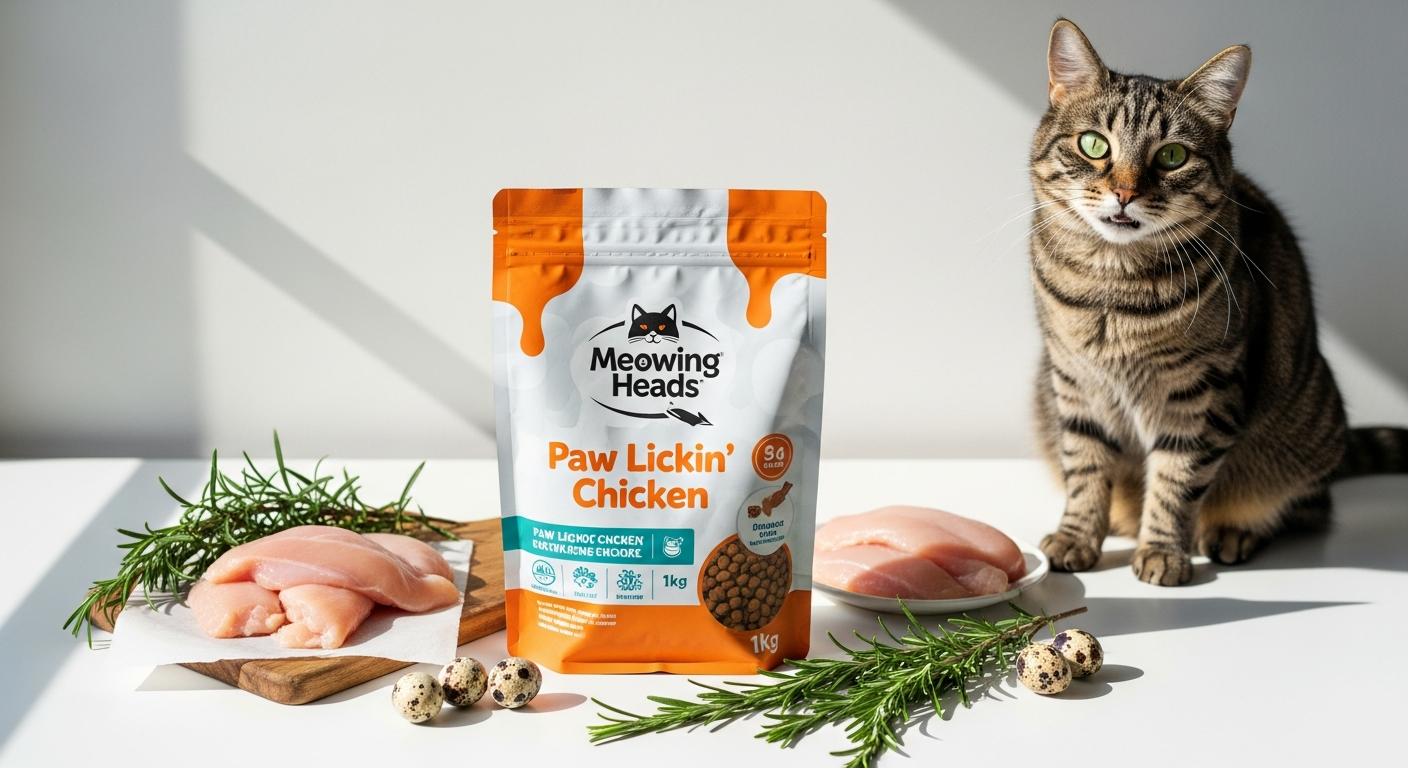 Meowing Heads Paw Lickin' Chicken wet cat food pouches displayed with fresh chicken and beef ingredients