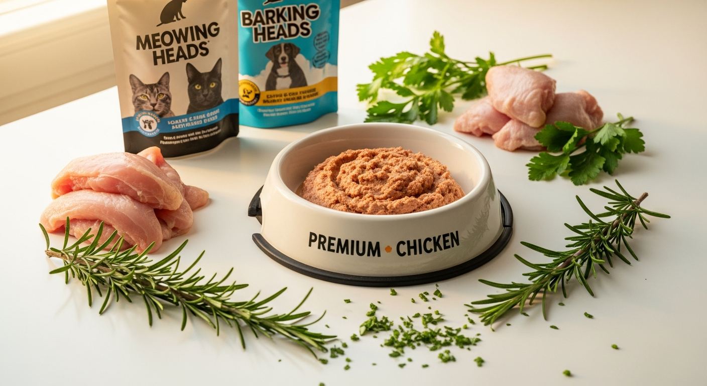 Meowing Heads Paw Lickin' Chicken wet cat food pouch with fresh chicken and beef ingredients displayed