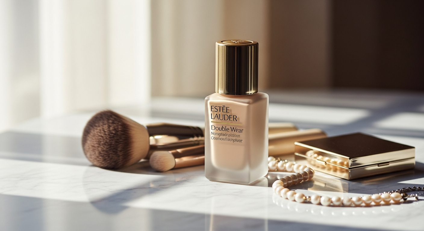Woman applying Estée Lauder Double Wear foundation with brush for flawless coverage
