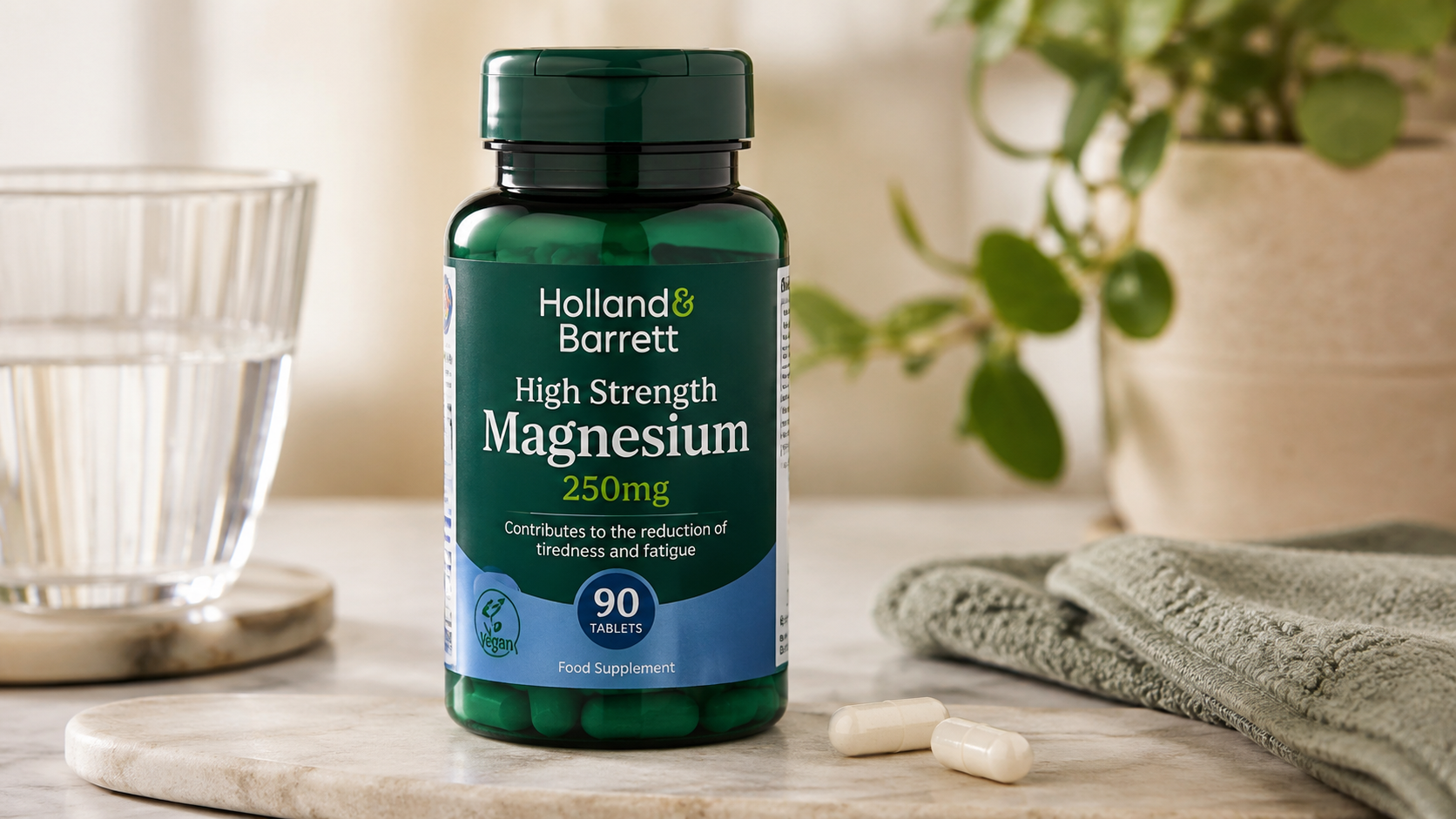 Holland & Barrett High Strength Magnesium 250mg tablets bottle on a bathroom countertop with water glass, plant and soft natural lighting.
