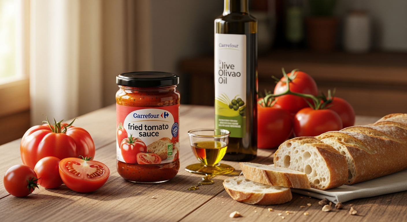 Carrefour Brand Fried Tomato Sauce jar displayed on Spanish kitchen pantry shelf