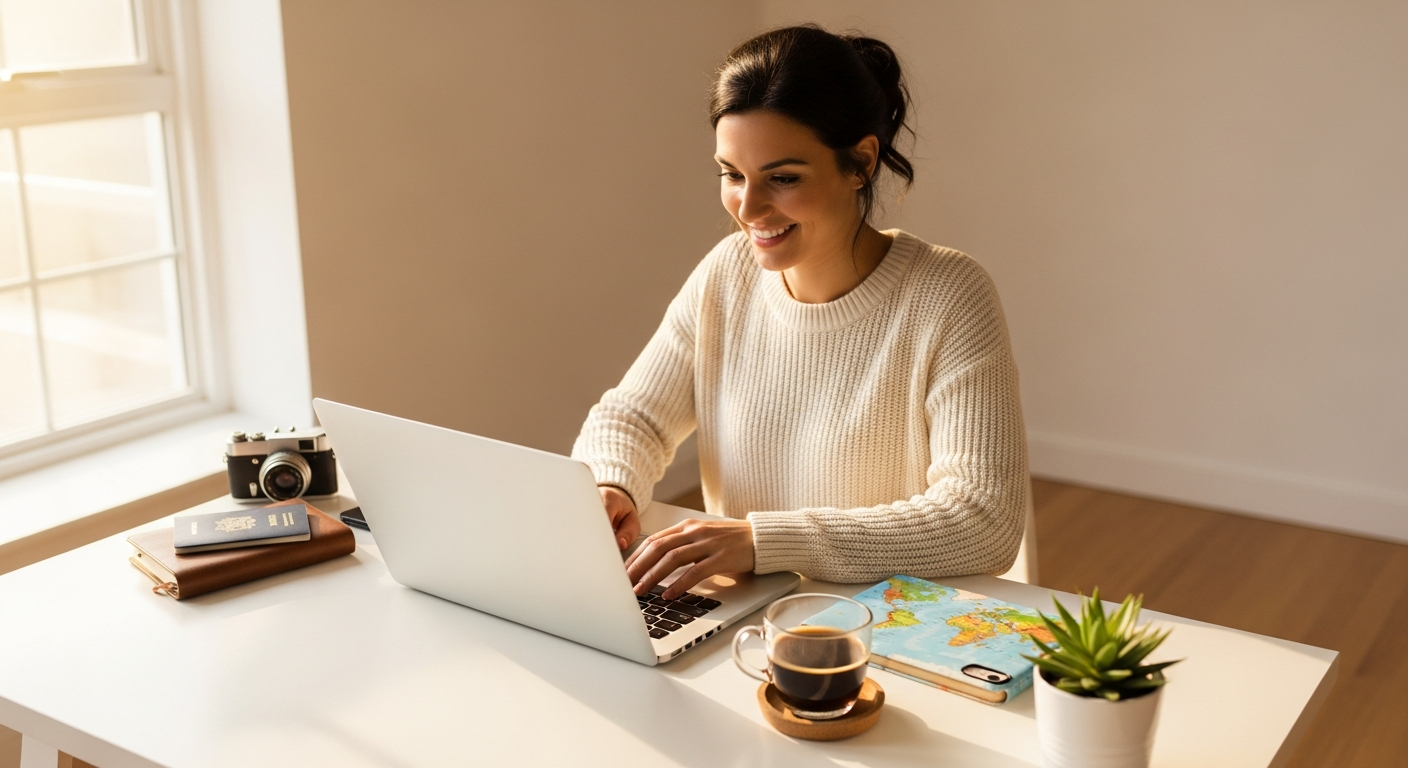 Travel blogger working on laptop with destination guides and monetization dashboard displayed