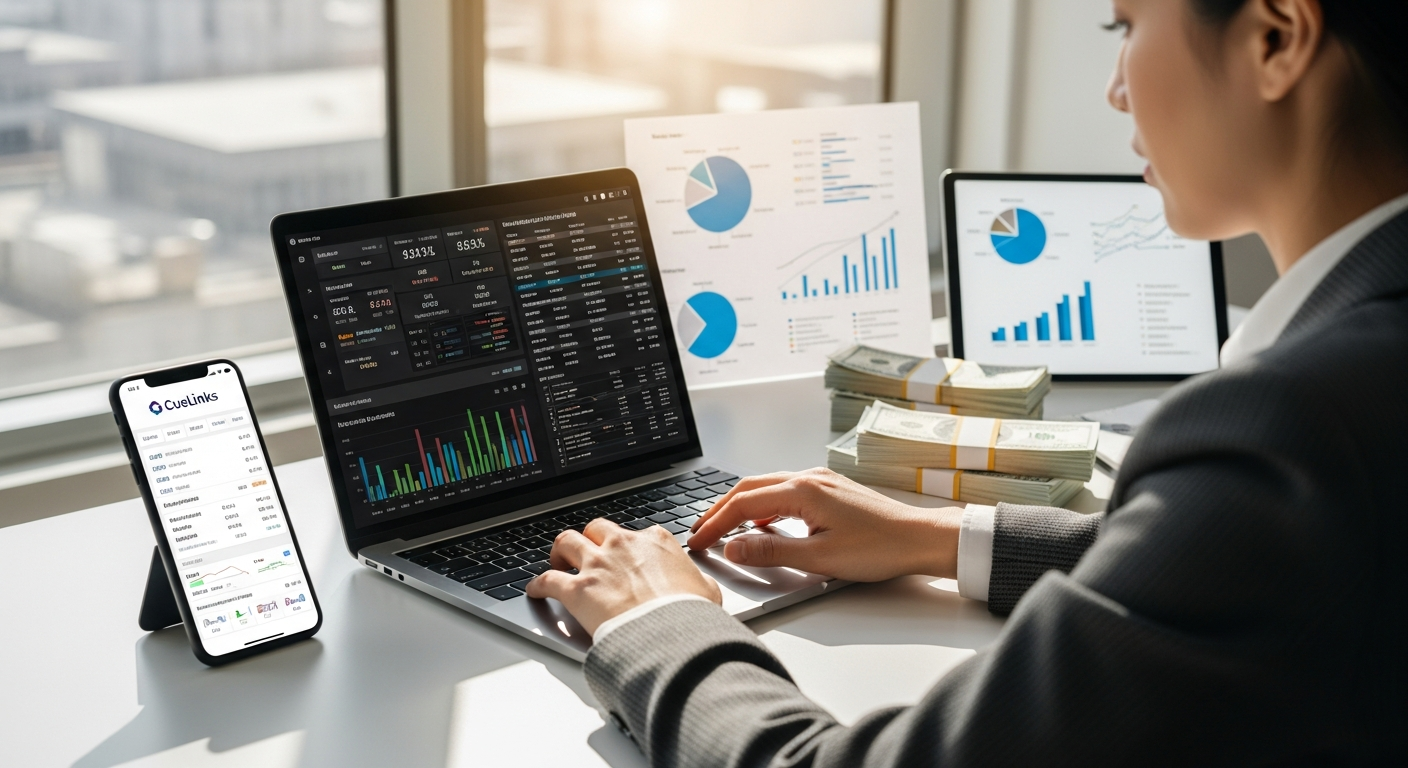 Content creator analyzing affiliate earnings dashboard on computer screen