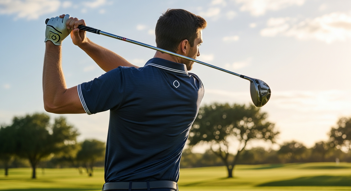 Cutter & Buck Men's CB DryTec Polo Shirt in navy blue on golfer at outdoor course