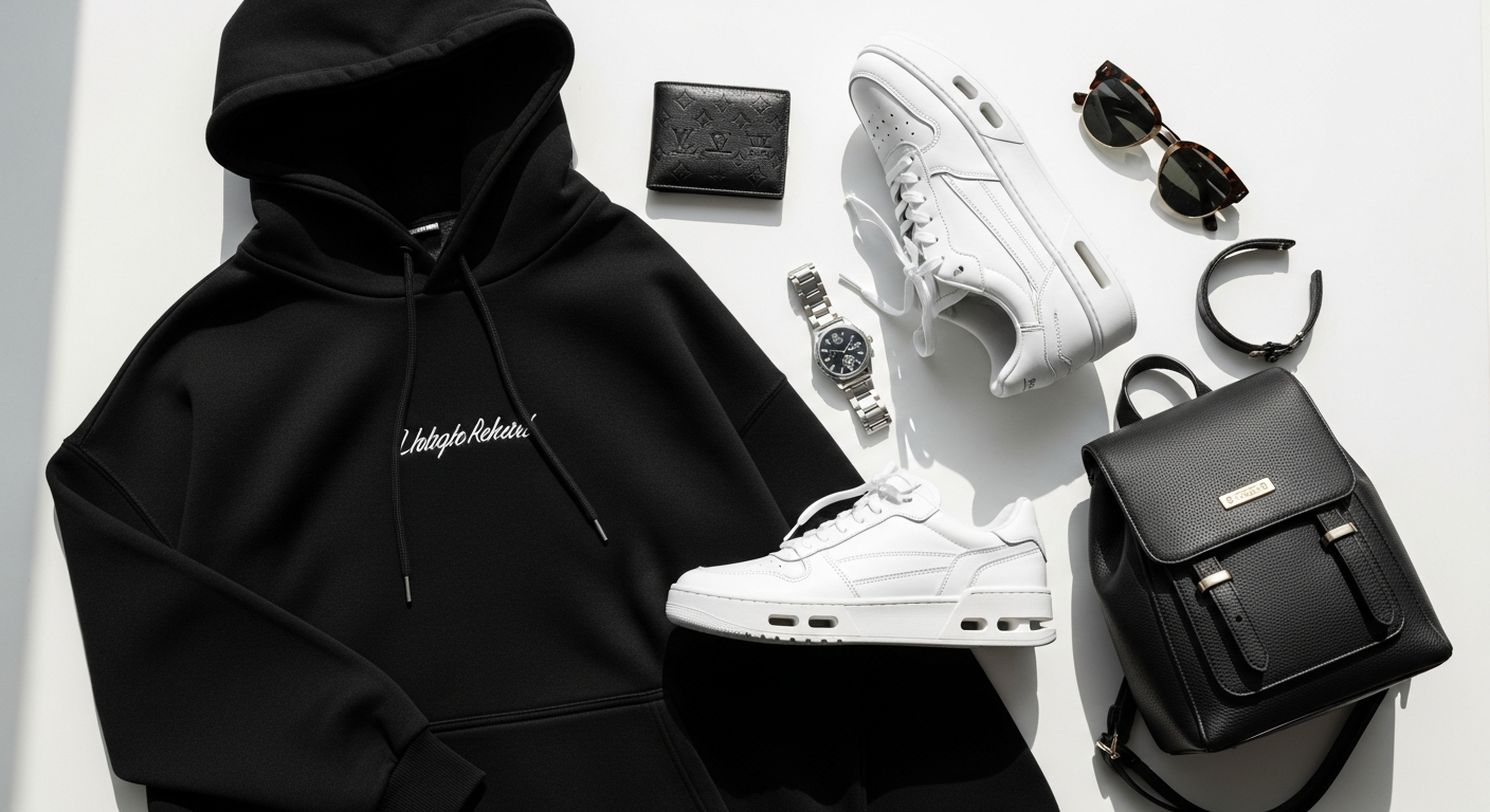 luxury designer streetwear collection displayed on modern retail shelves