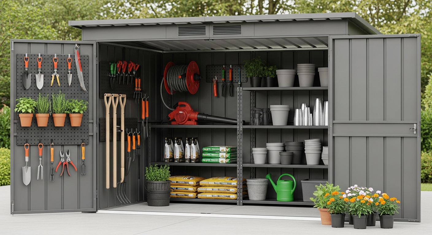 DeubaXXL metal garden shed storage solution protecting outdoor tools and equipment
