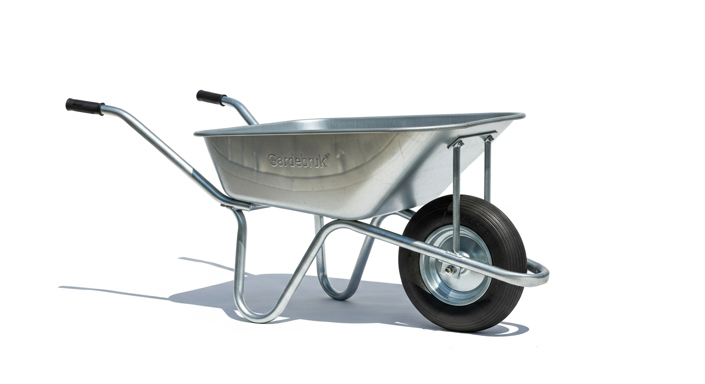 Gardebruk galvanised wheelbarrow with pneumatic tires on construction site