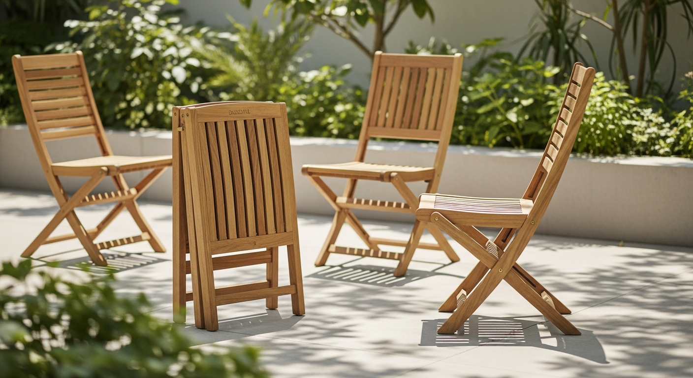 DeubaXXL Eucalyptus Folding Garden Chairs Set displayed on a modern patio with natural wood finish