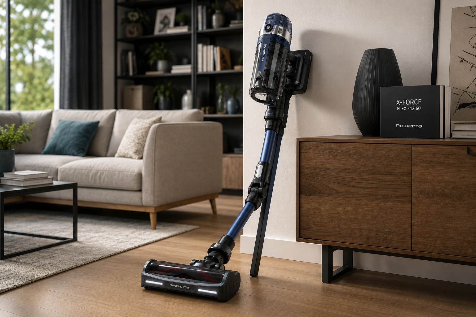 Rowenta X-Force Flex 12.60 cordless stick vacuum cleaner with Flex tube technology, handheld conversion, and motorized floor head, designed for powerful whole-home cleaning.